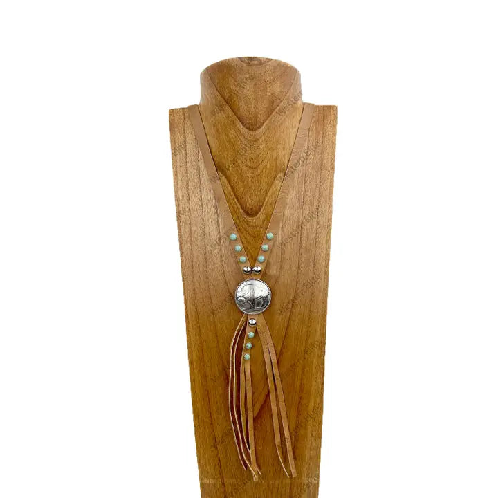 Brown Leather with Silver Buffalo Pendent Necklace
