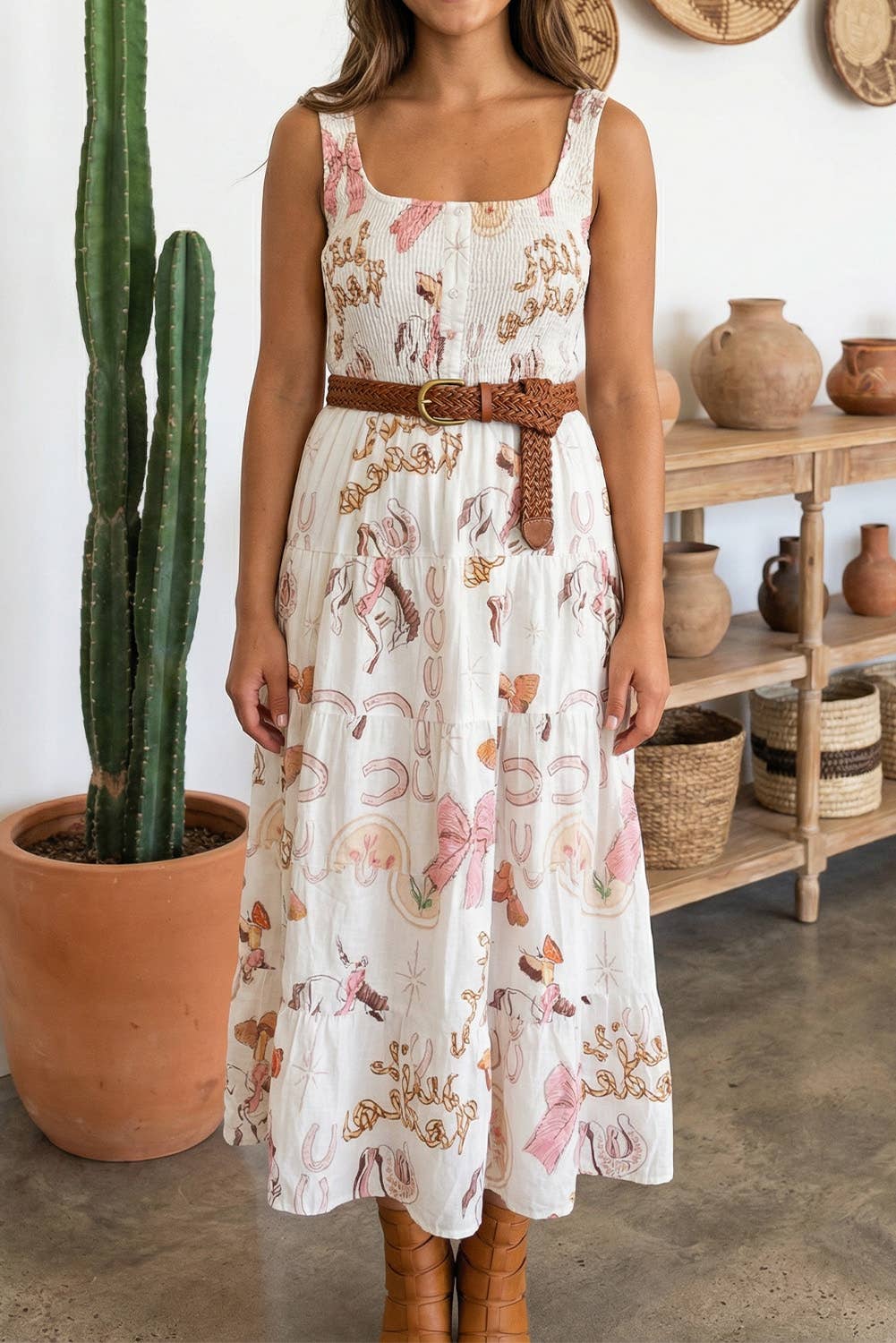 LDC Printed U Neck Sleevless Smocked Bodice Shift Midi Dress