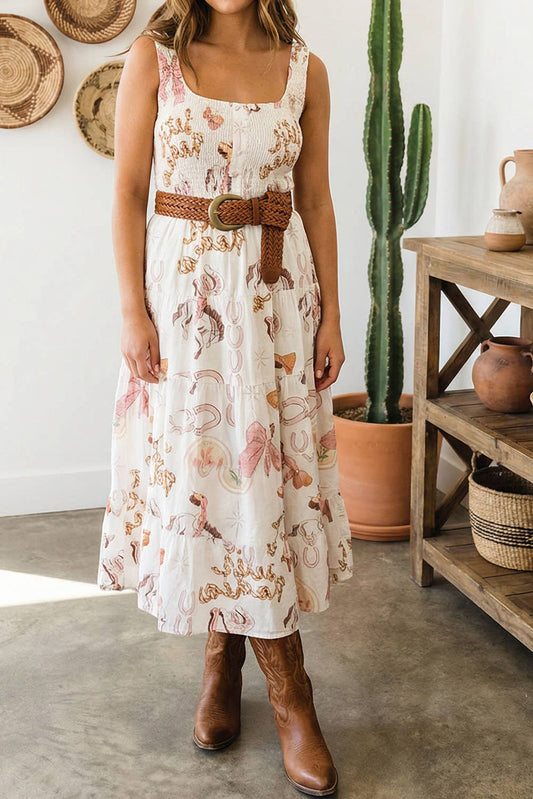 LDC Printed U Neck Sleevless Smocked Bodice Shift Midi Dress