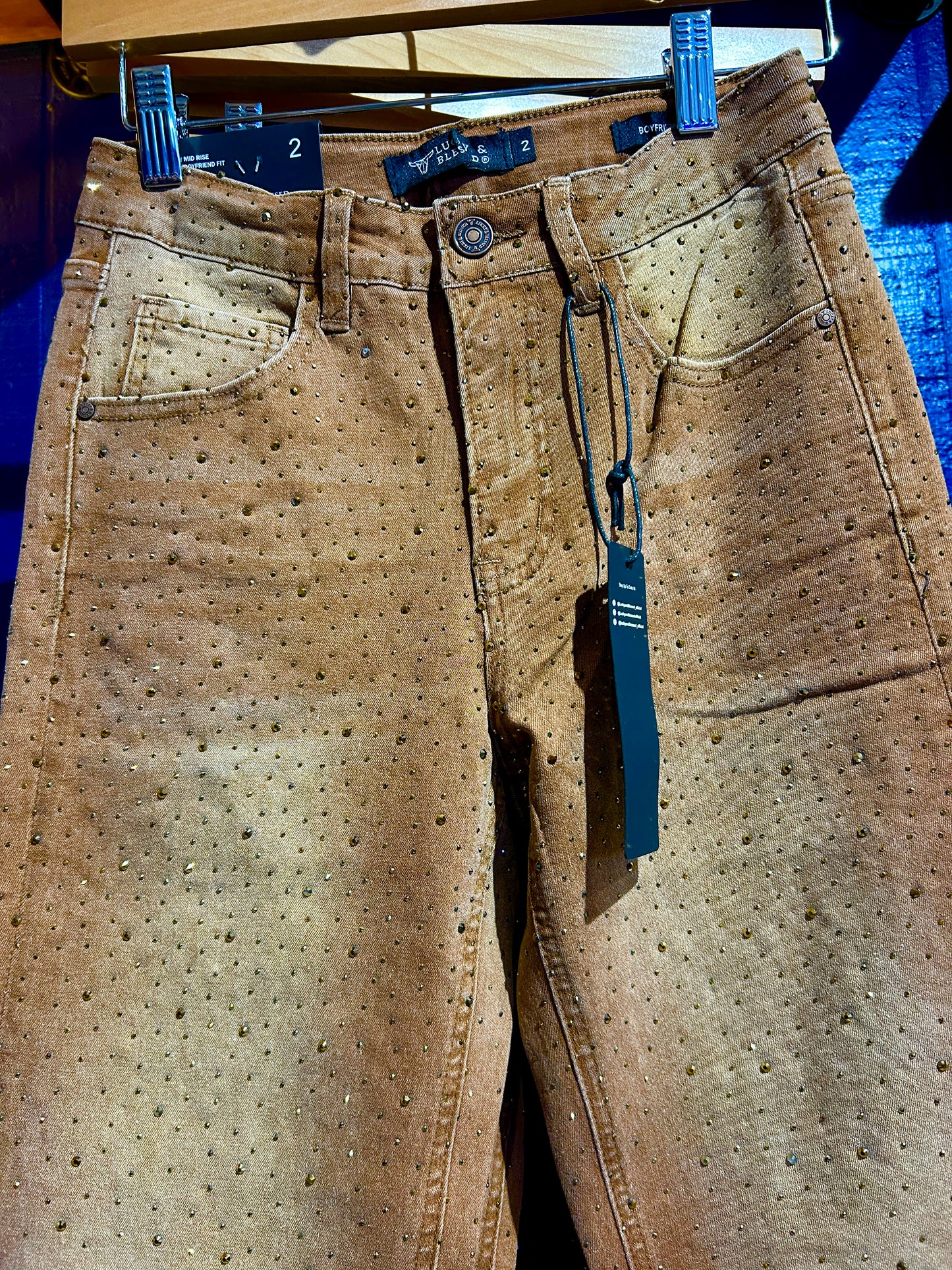 Brown Rhinestone Cuffed Boyfriend Jeans