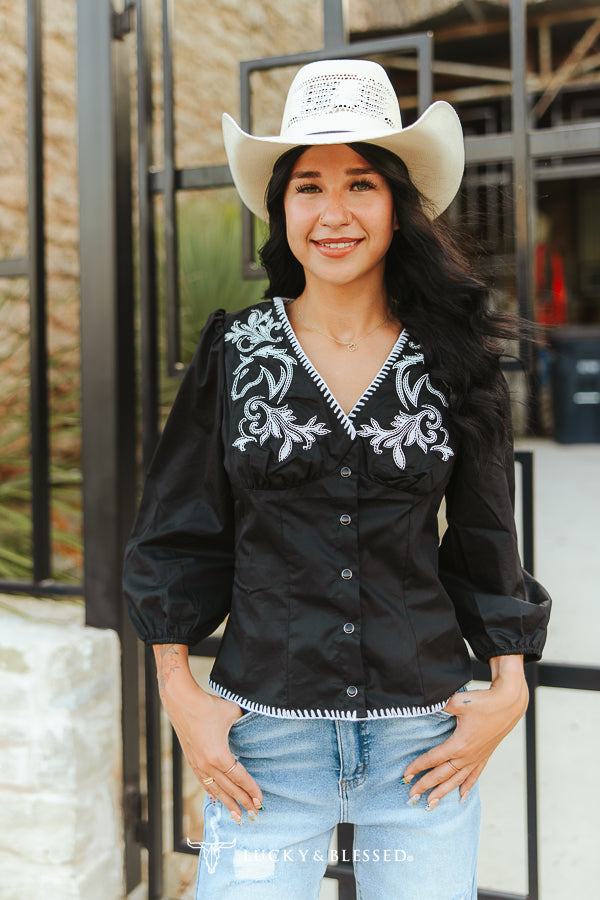 Black Ivory Stitched Patched V Neck Puff Sleeve Shirt