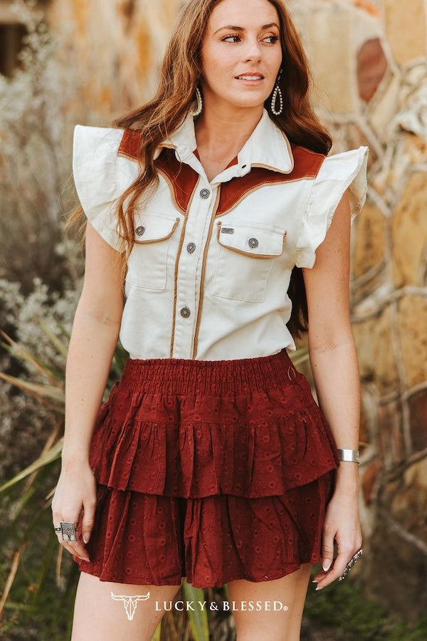 Ruffled Beige/Camel Denim Shirt