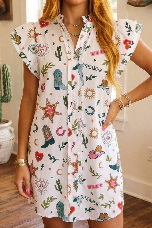 LOVE WILD DREAM DREAMER Western Flutter Button Down Dress