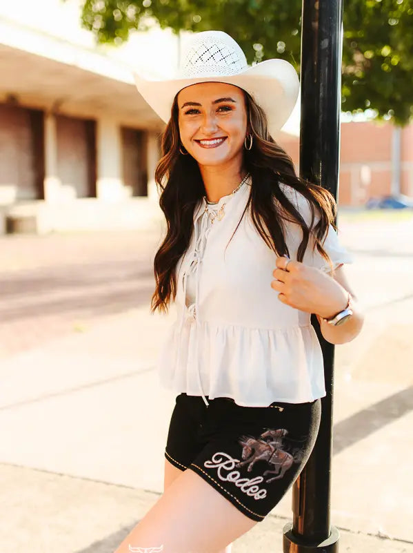 Black Rodeo Buck-Stitch Printed Stretch Denim Shorts 3in