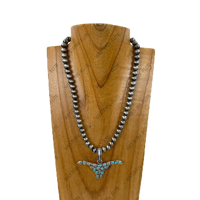 18" 8mm Silver Navajo Pearl Beads w/ Longhorn Pendent
