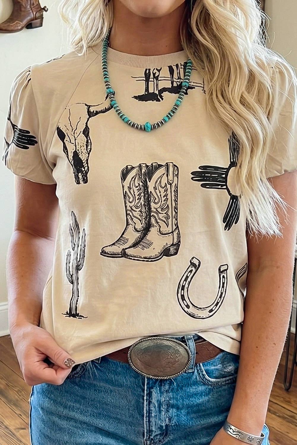 LDC Armhole Gathering Retro Western Print Round Neck T Shirt