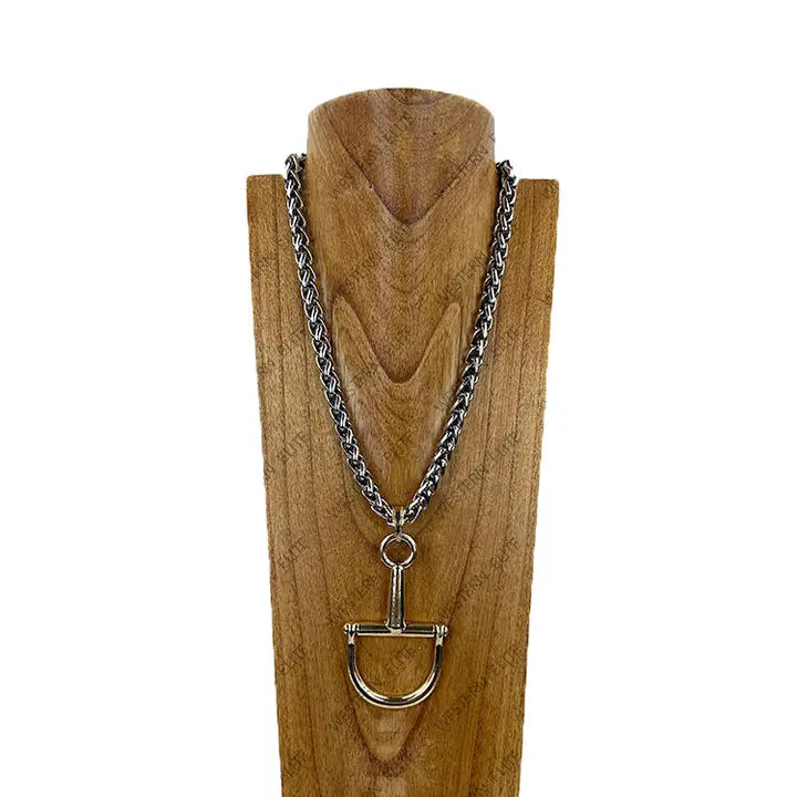22'' Silver Metal Chain with Large Golden Horse Bite Pendant Necklace