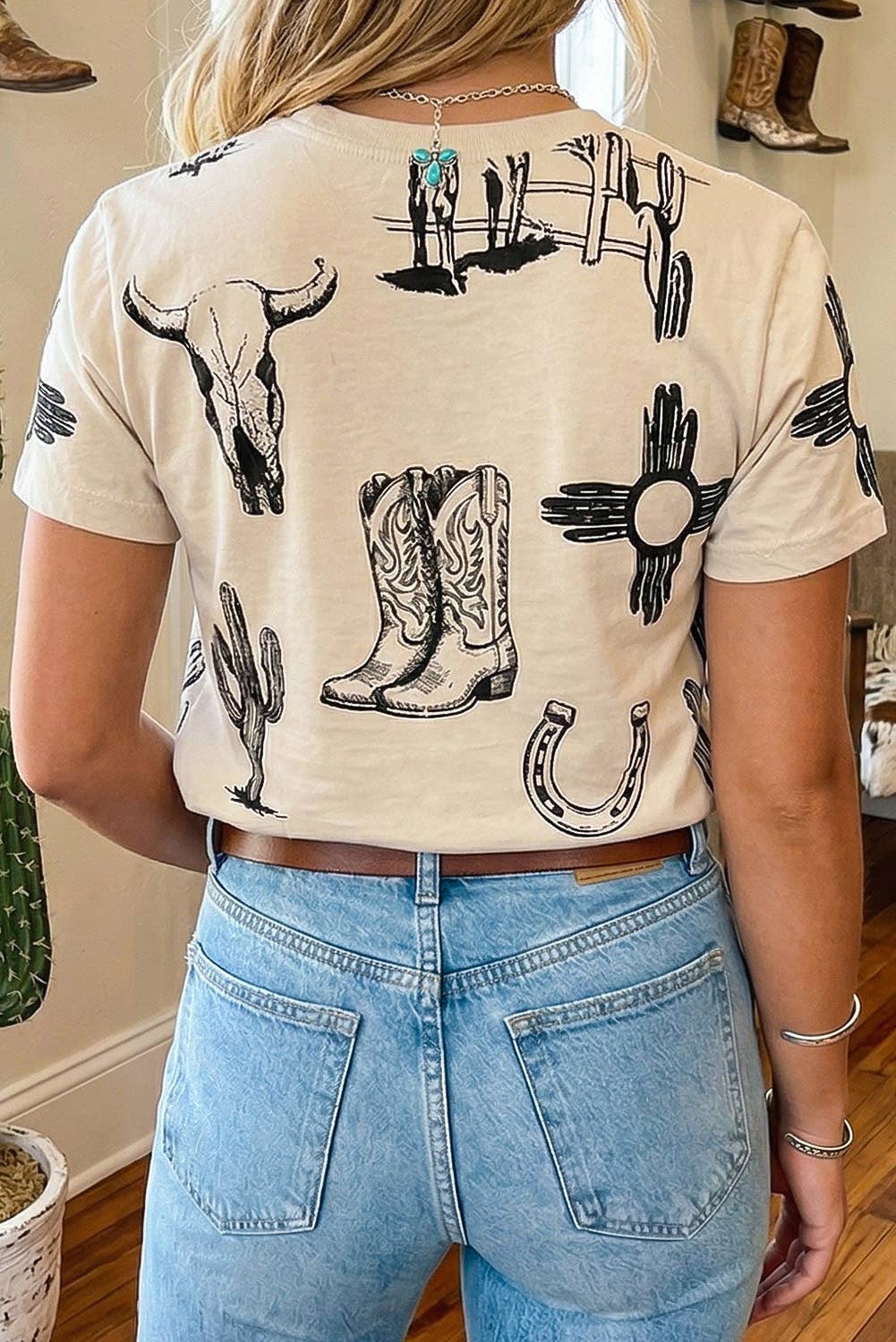LDC Armhole Gathering Retro Western Print Round Neck T Shirt