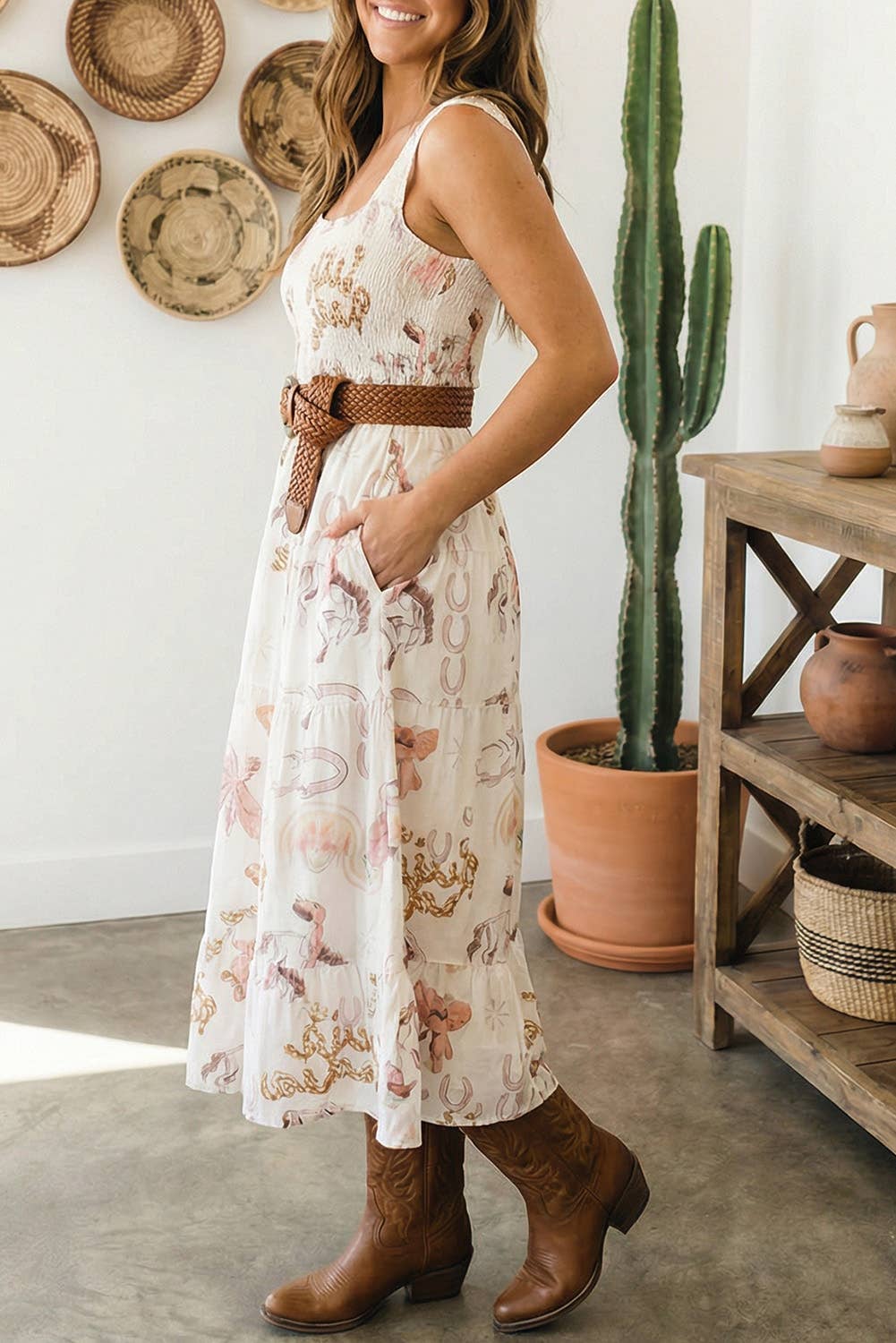 LDC Printed U Neck Sleevless Smocked Bodice Shift Midi Dress