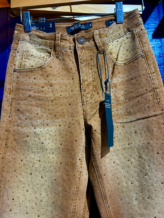 Brown Rhinestone Cuffed Boyfriend Jeans