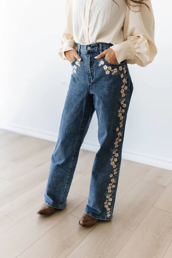 Ivory Floral Embroidered Jean