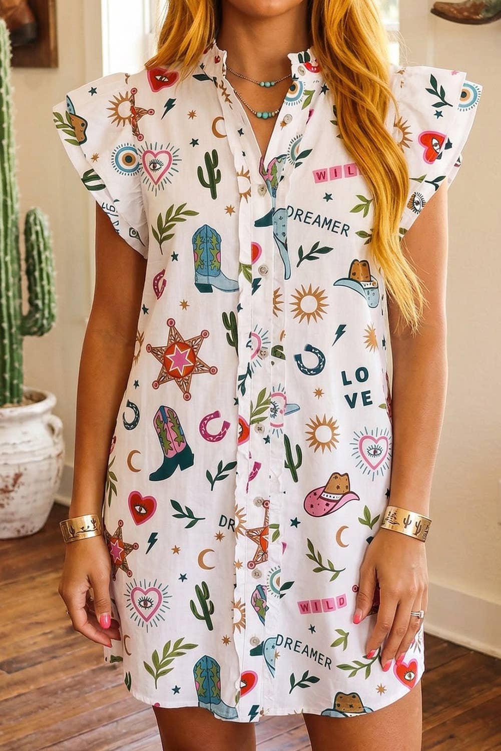 LOVE WILD DREAM DREAMER Western Flutter Button Down Dress
