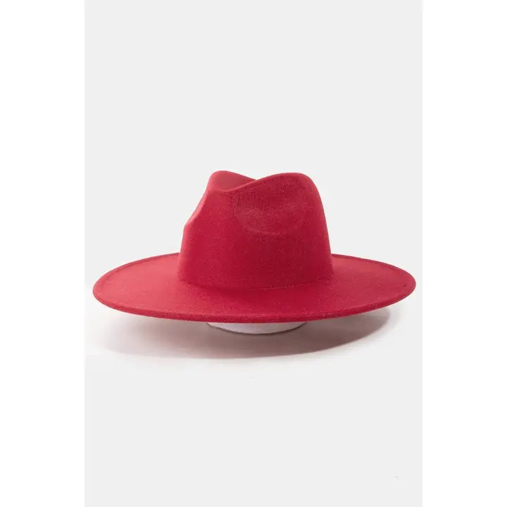 Flat Brim Fedora Fashion Hat -BU/red