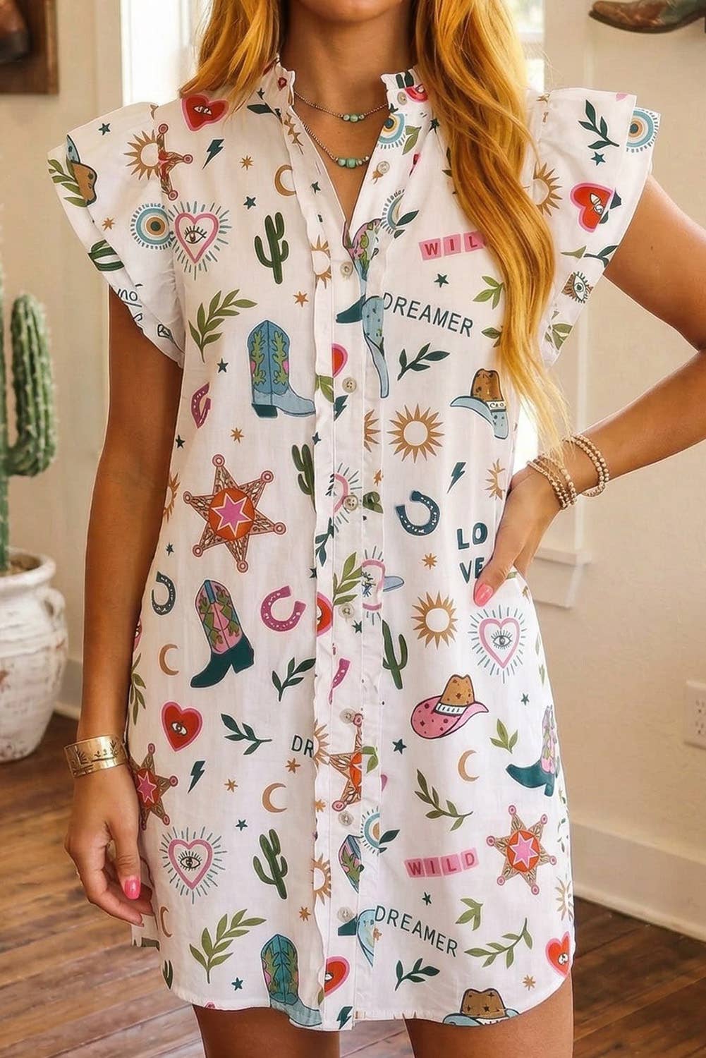 LOVE WILD DREAM DREAMER Western Flutter Button Down Dress