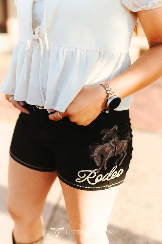 Black Rodeo Buck-Stitch Printed Stretch Denim Shorts 3in