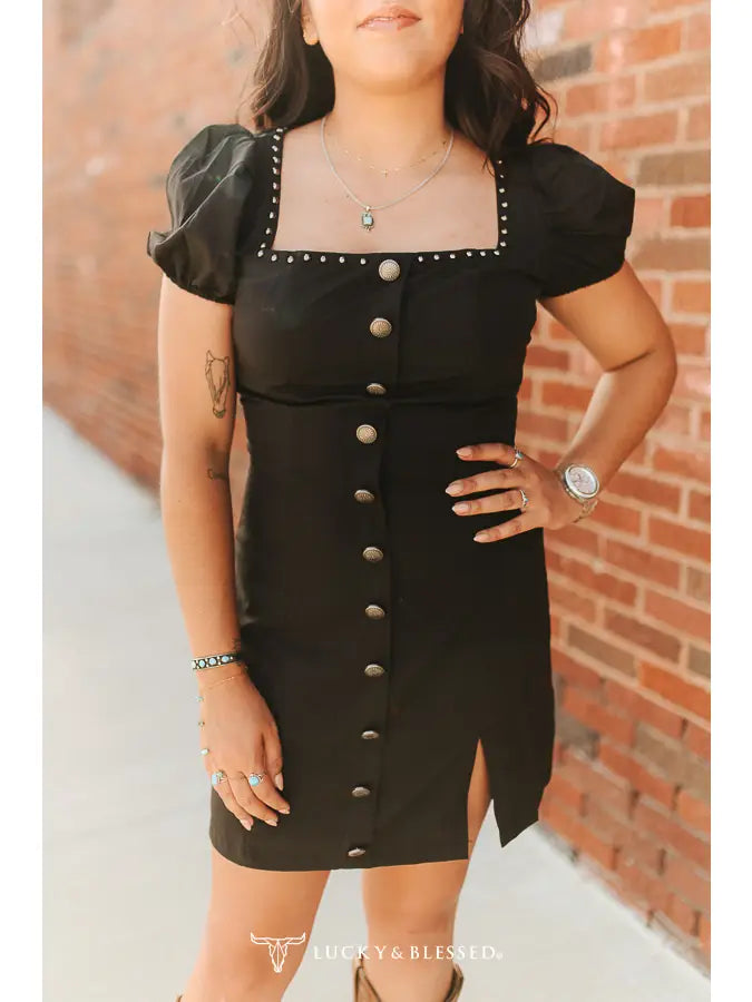 Black Button Front Mini Dress w/ Puff Sleeves