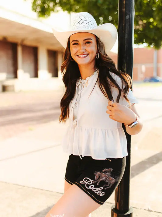 Black Rodeo Buck-Stitch Printed Stretch Denim Shorts 3in