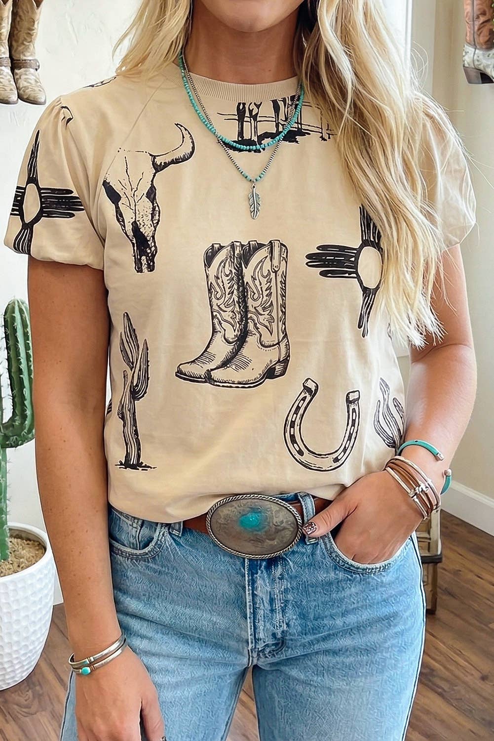 LDC Armhole Gathering Retro Western Print Round Neck T Shirt