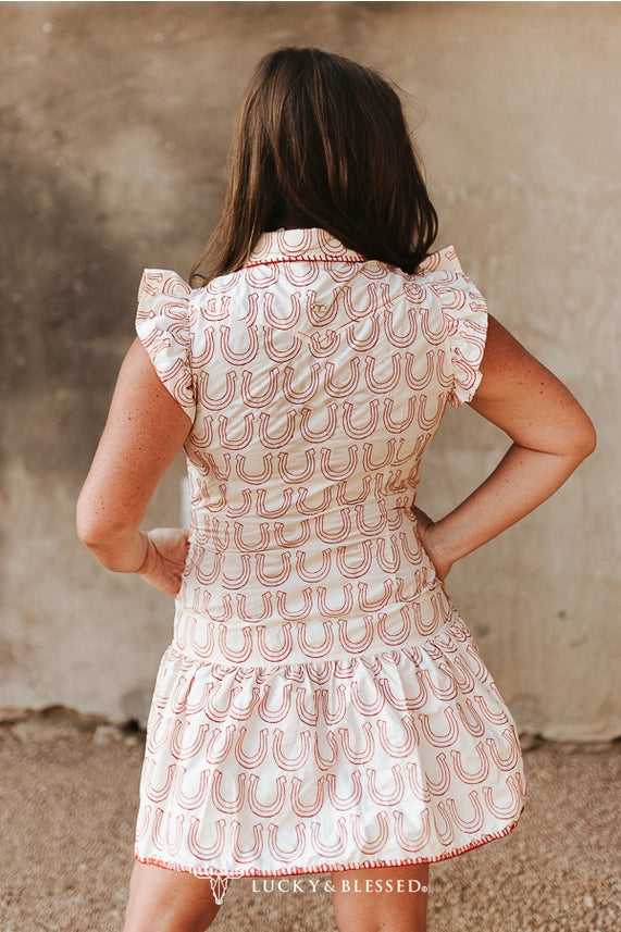 Ivory Embroidered Yoke Ruffle Sleeve Red Horseshoe Button Down Dress