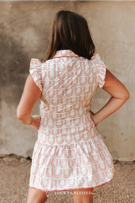 Ivory Embroidered Yoke Ruffle Sleeve Red Horseshoe Button Down Dress
