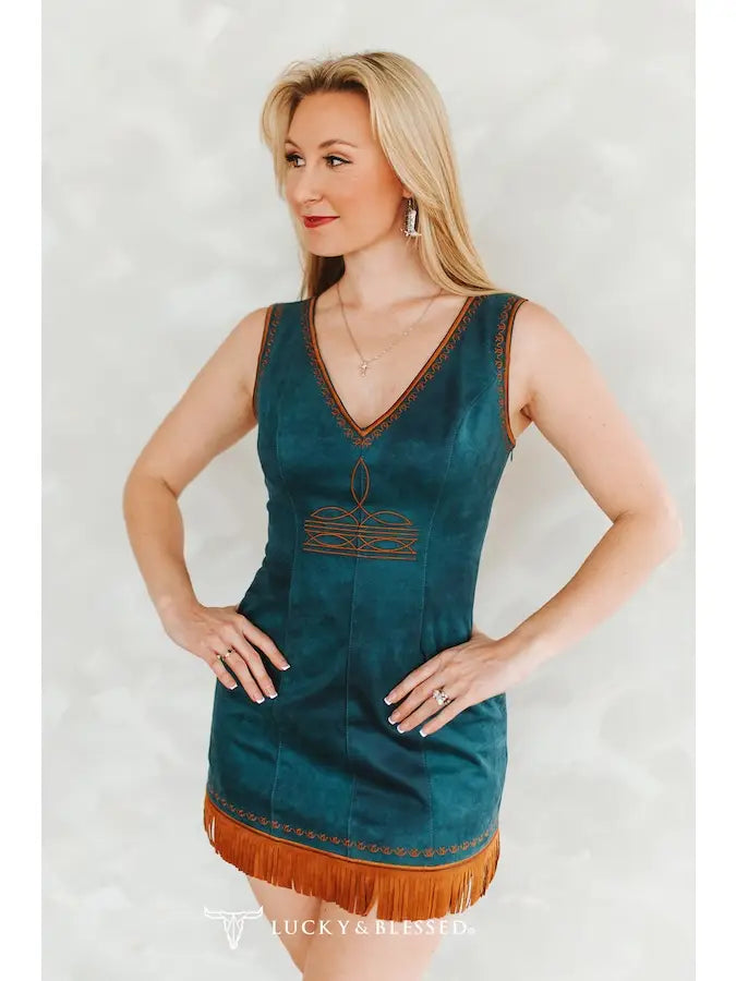 Teal Stretch Suede Embroidered Dress