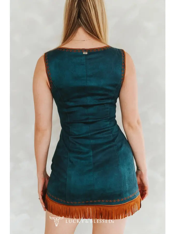 Teal Stretch Suede Embroidered Dress
